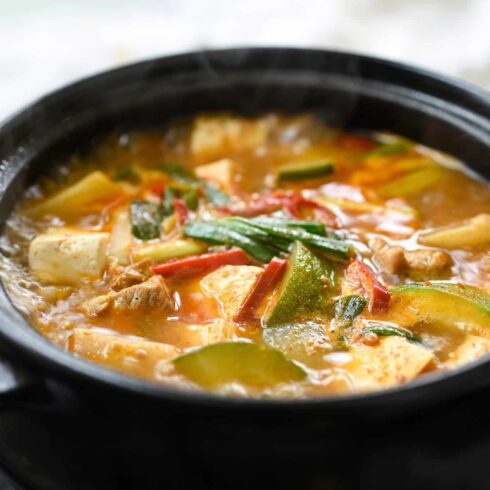 Doenjang jjigae – Korean soybean paste stew with tofu and vegetables