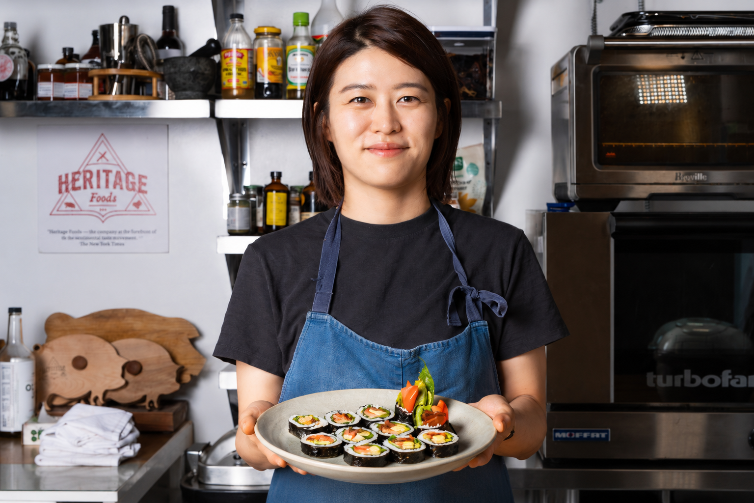 Chef Eunjo Park holding a plate of kimbap